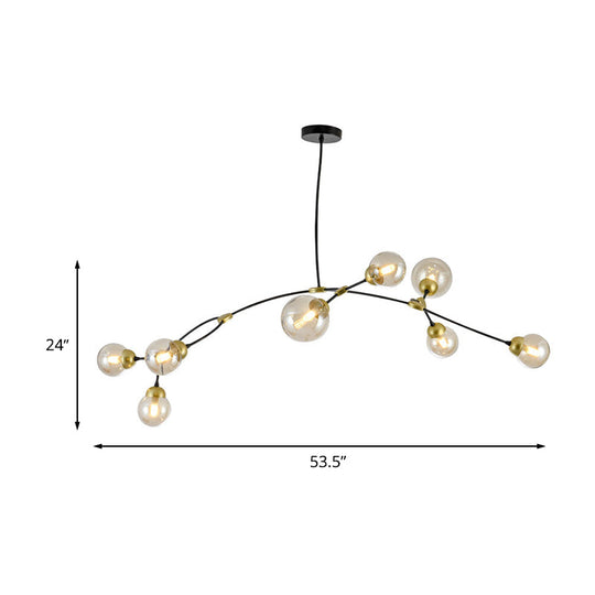 Modern Amber Glass 8-Head Globe Chandelier: Sleek Black Linear Pendant Lamp For Living Room