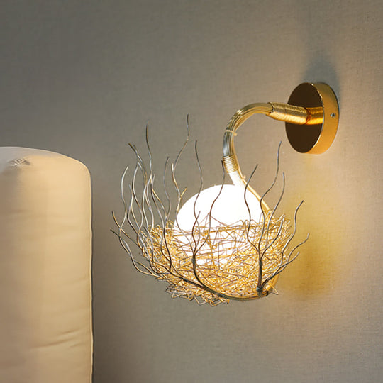 Globe Glass Wall Light Fixture With Gold Nest Design - Postmodern Sconce 8.5/10 Wide / 8.5