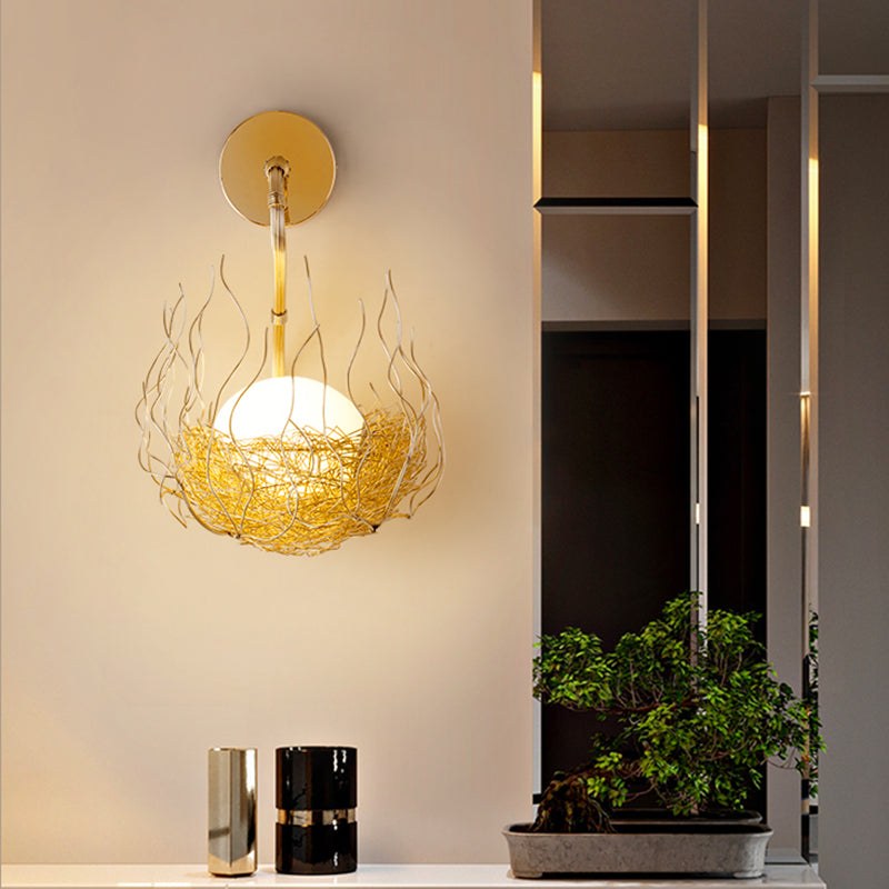 Globe Glass Wall Light Fixture With Gold Nest Design - Postmodern Sconce 8.5/10 Wide