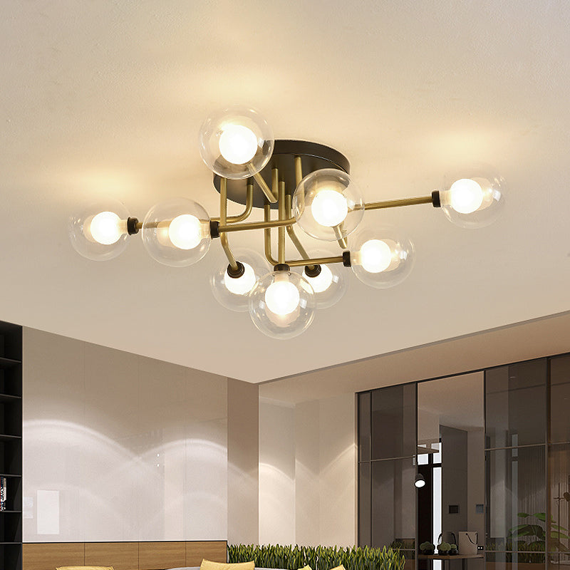 Gold Led Glass Sphere Semi-Flush Ceiling Light With 9 Bulbs Modern And Elegant