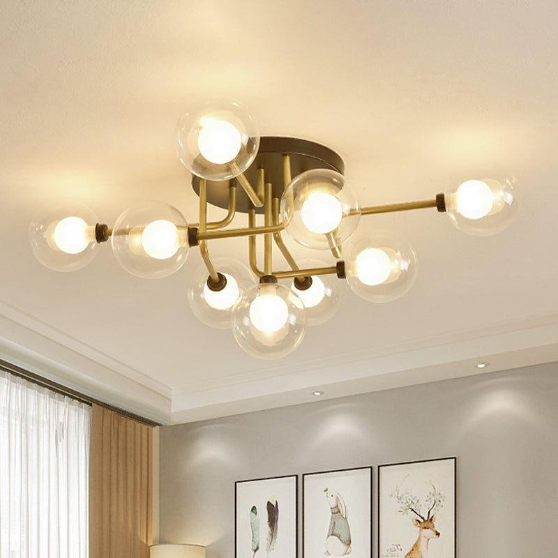 Modernism Gold LED Semi Flush Ceiling Mount with 9 Bulbs: Clear Glass Sphere Lighting