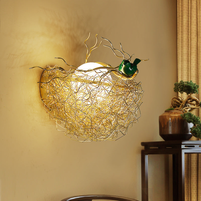 Postmodern Opal Glass Globe Wall Sconce Light With Bird Nest Design - Gold Lamp 14/15 Wide