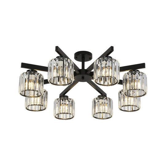 Minimalist Black Semi Flush Mount Ceiling Light With Crystal Cylinder Shade - 8 Heads For Living