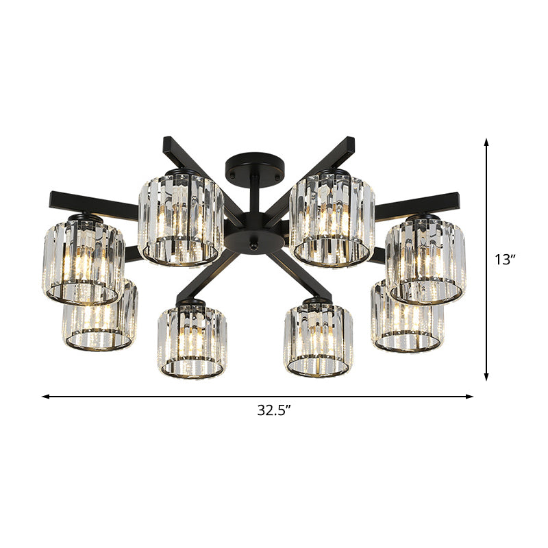 8 Head Living Room Semi Flush Mount Black Ceiling Light with Crystal Cylinder Shade