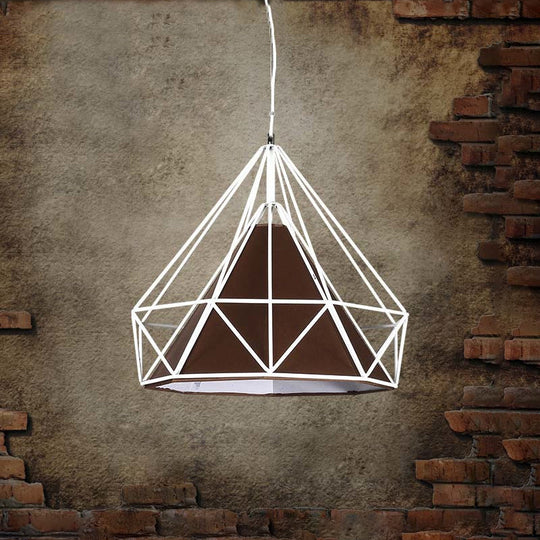 Antique Style Diamond Cage Hanging Light With Fabric Shade And Metal Ceiling Fixture White-Brown /