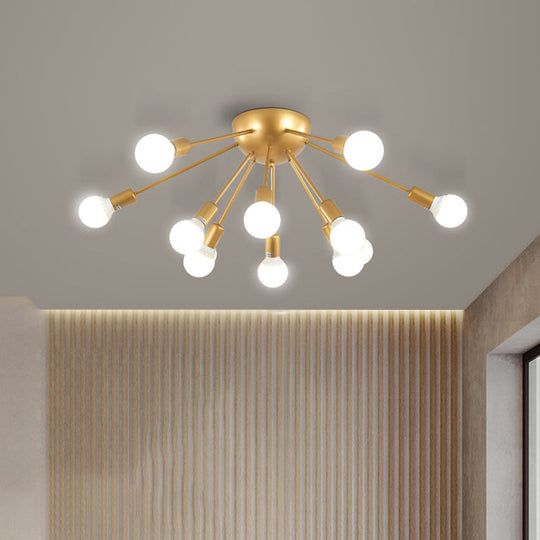 Modern 12-Light Brass Sputnik Semi Flush Ceiling Light for Living Room