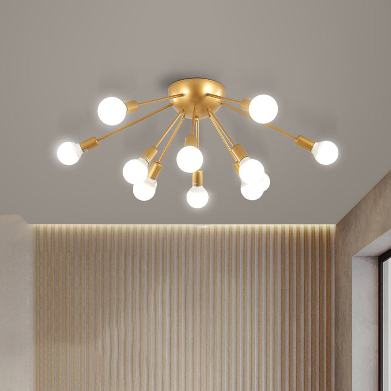 Modern 12-Light Brass Sputnik Semi Flush Ceiling Light For Living Room