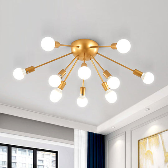 Modern 12-Light Brass Sputnik Semi Flush Ceiling Light for Living Room