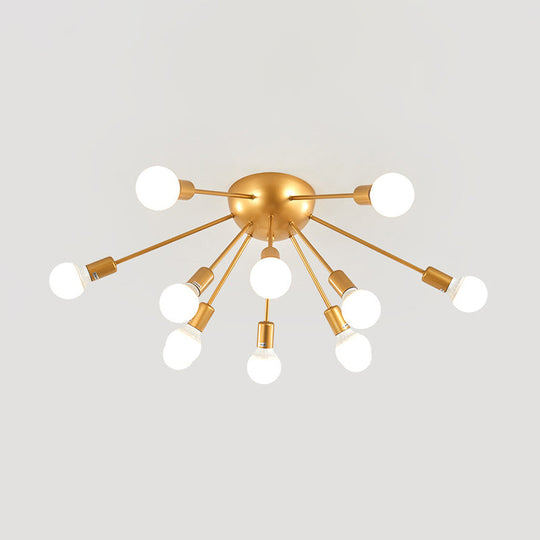 Modern 12-Light Brass Sputnik Semi Flush Ceiling Light for Living Room