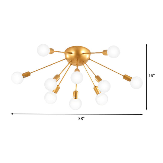 Modern 12-Light Brass Sputnik Semi Flush Ceiling Light for Living Room