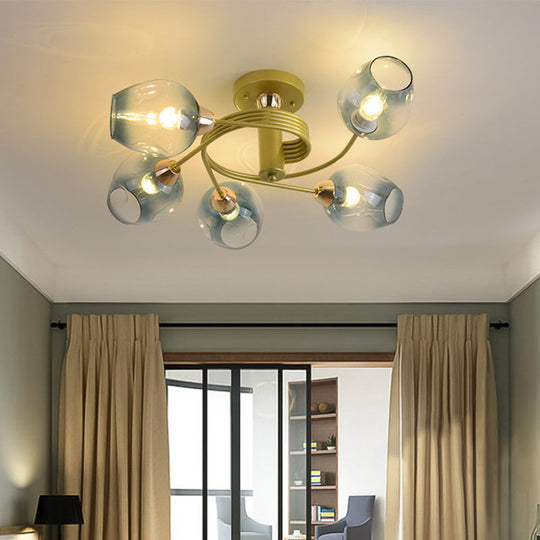 Modern Gold Twisted Arm Semi-Flush Lamp With Blue Glass Shade For Bedrooms - Set Of 5 Bulbs