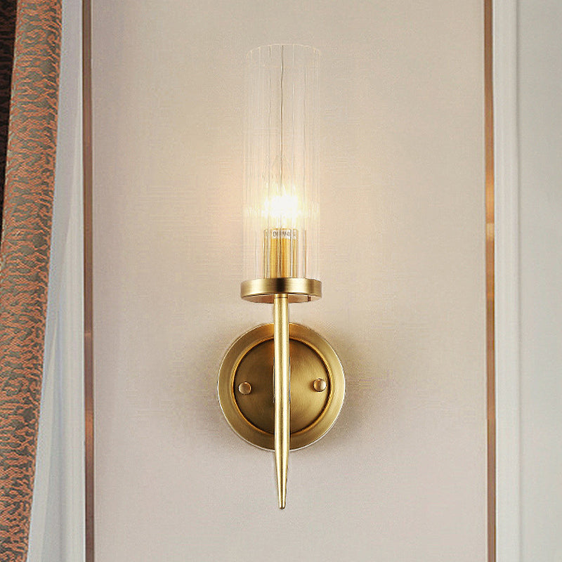 Modern Gold Corner Wall-Mount Lamp With Clear Glass: Cylinder Sconce Lighting