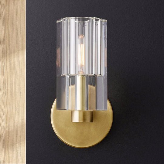 Minimalist Brass Sconce With Clear Triangle Glass Shade For Living Room Wall