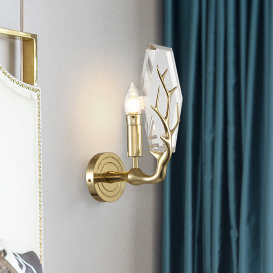 Modern Crystal Hexagon Sconce Light Fixture: Gold Wall-Mount Lamp With Antler Deco