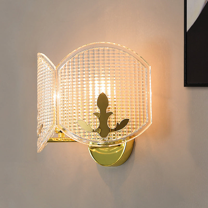 Contemporary Gold Arc Wall Sconce With Dual Clear Glass Latticed Heads