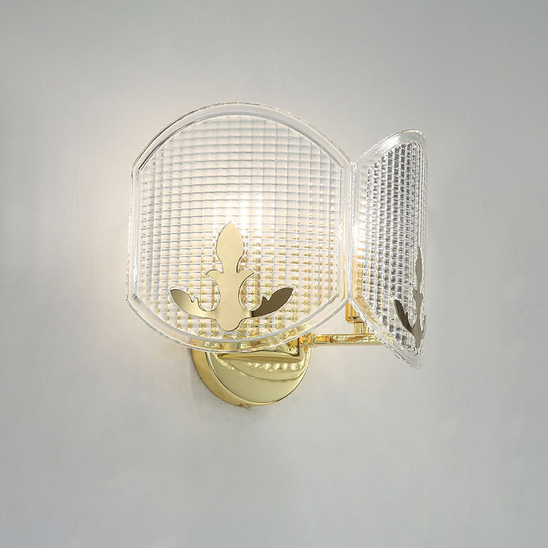 Contemporary Gold Arc Wall Sconce With Dual Clear Glass Latticed Heads