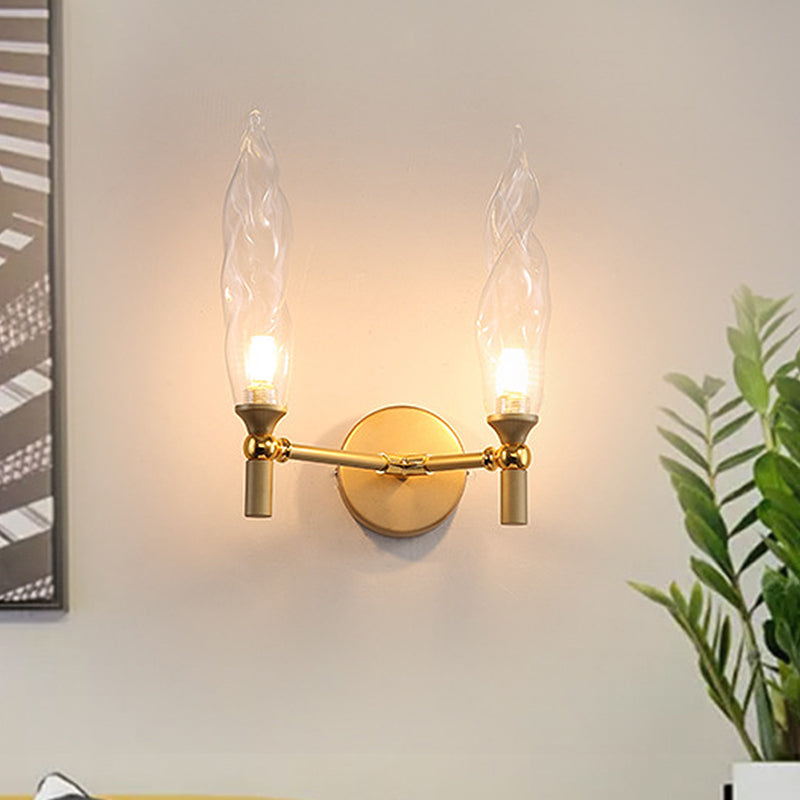 Gold Double Arm Wall Mount Sconce With Clear Glass Shade - Modern Metal Lighting Fixture For Living