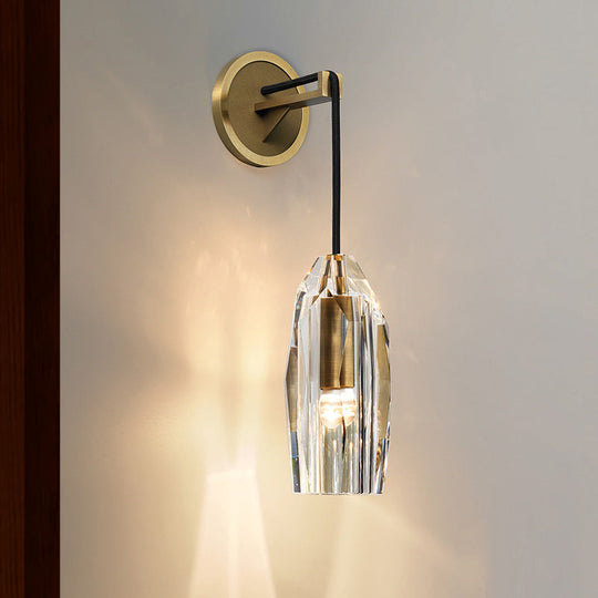 Modern 1-Light Gold Crystal Wall Sconce With Pendant Cord - Hand-Cut Lamp Fixture