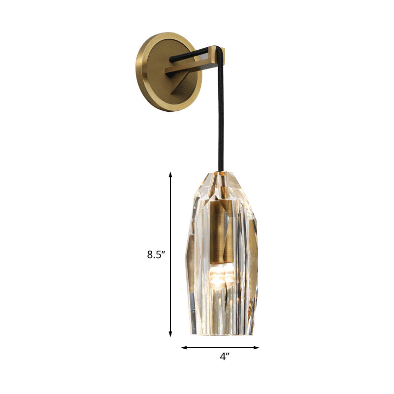 Modern 1-Light Gold Crystal Wall Sconce With Pendant Cord - Hand-Cut Lamp Fixture