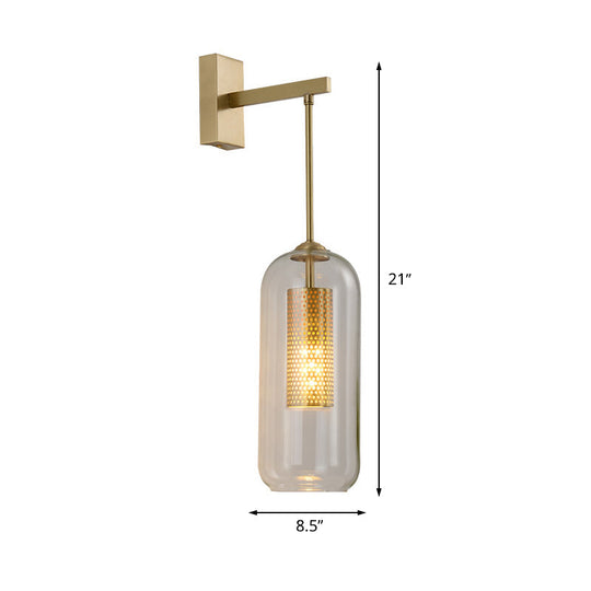 Modern 1-Head Gold Wall Mount Light For Bedside - Clear Glass Capsule Sconce Fixture