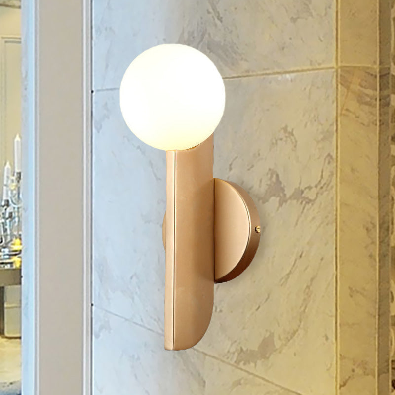 Modern Gold Finish Corner Wall Sconce With Ball Milky Glass Shade - 1 Light