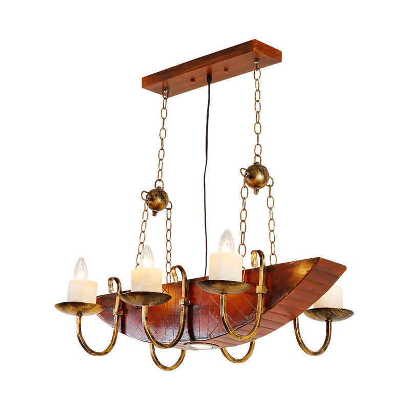 Madelon - Antique Antique Brass Candle Chandelier Lamp Rustic Metal 6-Light Living Room Hanging Light with Wooden Shelf