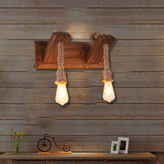 Industrial Style Wood Wall Sconce With Exposed Bulb And Rope Detail - Perfect For Bedroom Lighting