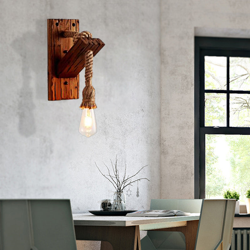 Industrial Style Wood Wall Sconce With Exposed Bulb And Rope Detail - Perfect For Bedroom Lighting