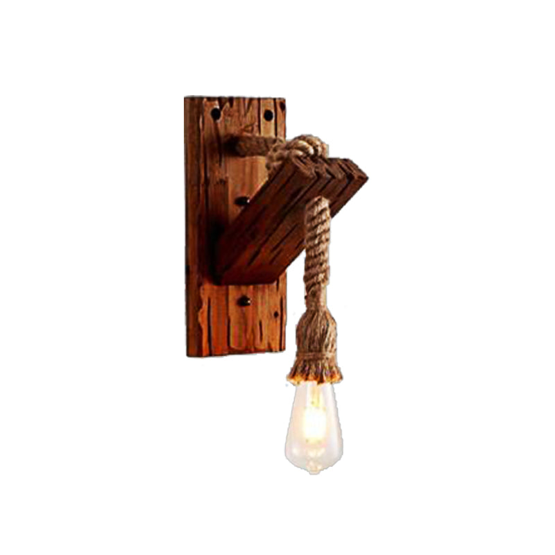 Industrial Style Wood Wall Sconce With Exposed Bulb And Rope Detail - Perfect For Bedroom Lighting