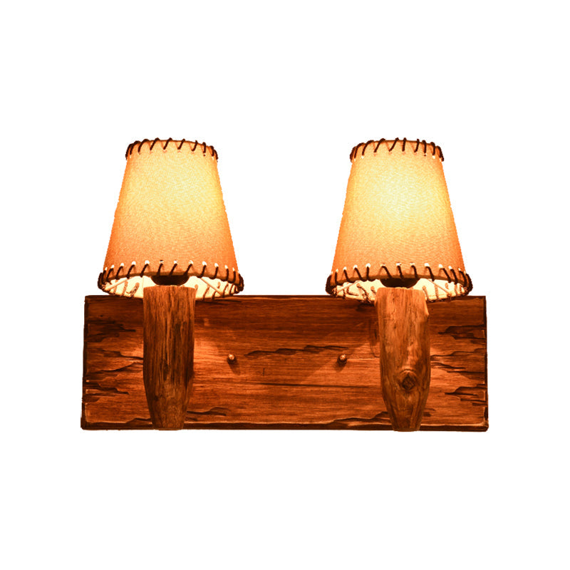 Industrial Wood Sconce Light Fixture For Dining Room - 1/2-Light Tapered Wall Lamp With Fabric Shade