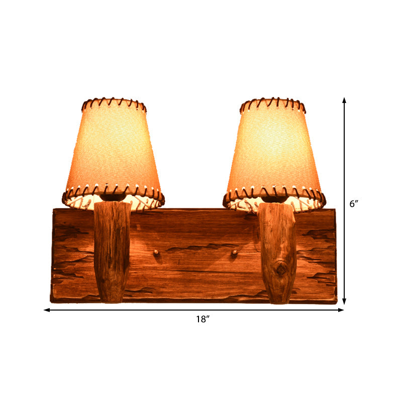 Industrial Wood Sconce Light Fixture For Dining Room - 1/2-Light Tapered Wall Lamp With Fabric Shade