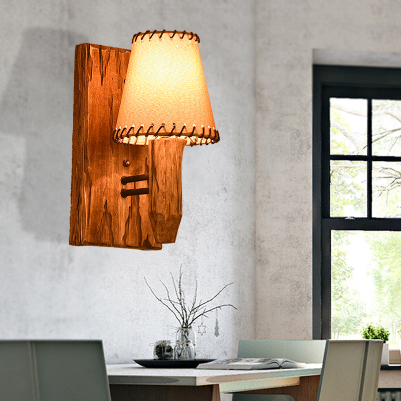 Industrial Wood Sconce Light Fixture For Dining Room - 1/2-Light Tapered Wall Lamp With Fabric Shade