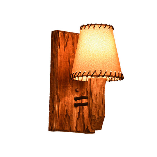 Industrial Wood Sconce Light Fixture For Dining Room - 1/2-Light Tapered Wall Lamp With Fabric Shade