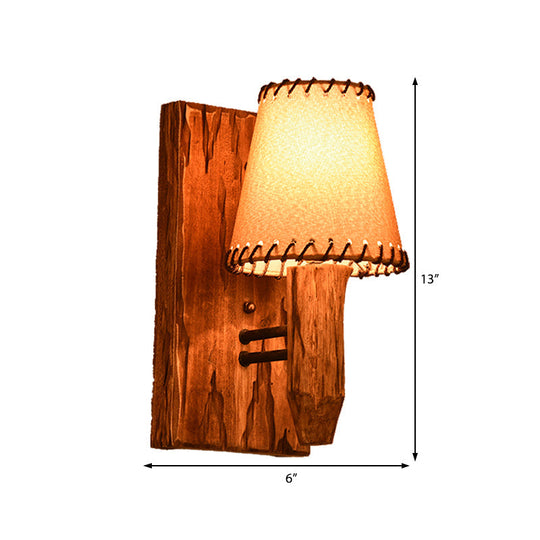 Industrial Wood Sconce Light Fixture For Dining Room - 1/2-Light Tapered Wall Lamp With Fabric Shade