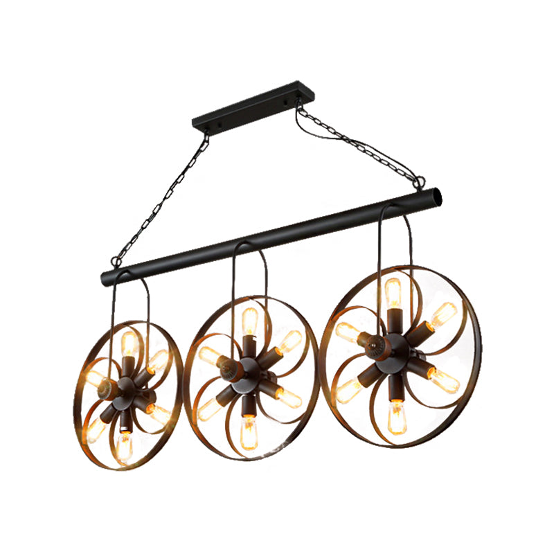 Vintage Black Metal Island Light With 6/18 Bulbs - Elegant Wagon Wheel Pendant For Dining Room