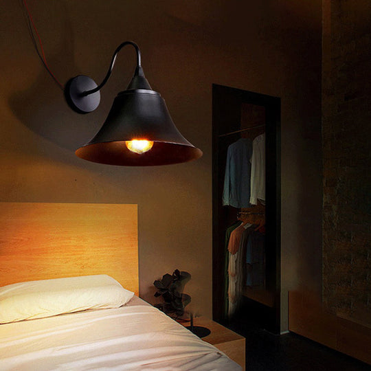 Black Metal Sconce Light: Cone Shade Wall Fixture For Bedroom Industrial Style With Single Bulb