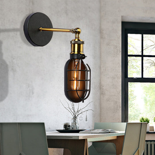 Industrial Black Metal & Glass Wall Sconce With Caged Bulb - Ideal For Dining Rooms