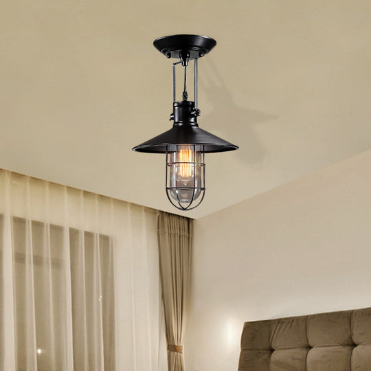 Industrial Cone Metal Ceiling Light in Black with Cage - Semi Flush Mount Single Bulb for Living Room