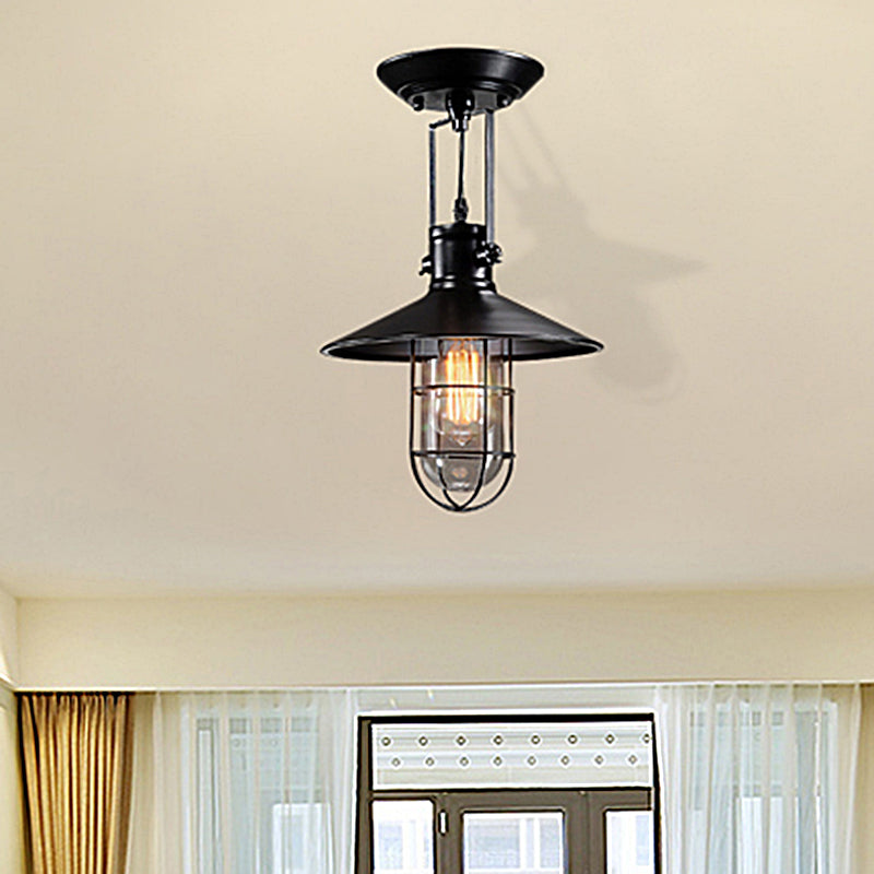 Industrial Cone Metal Ceiling Light in Black with Cage - Semi Flush Mount Single Bulb for Living Room