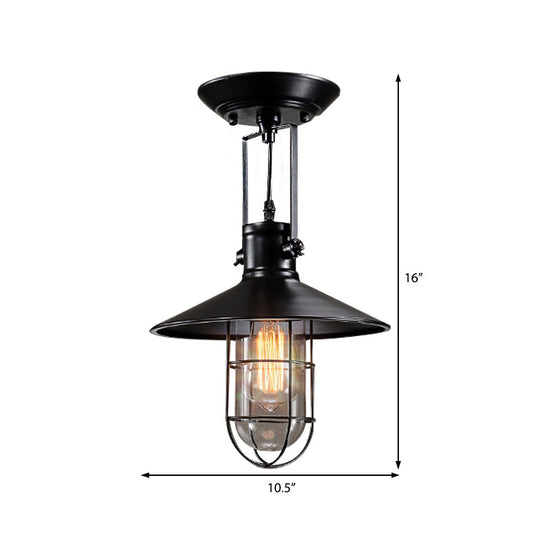 Industrial Cone Metal Ceiling Light in Black with Cage - Semi Flush Mount Single Bulb for Living Room