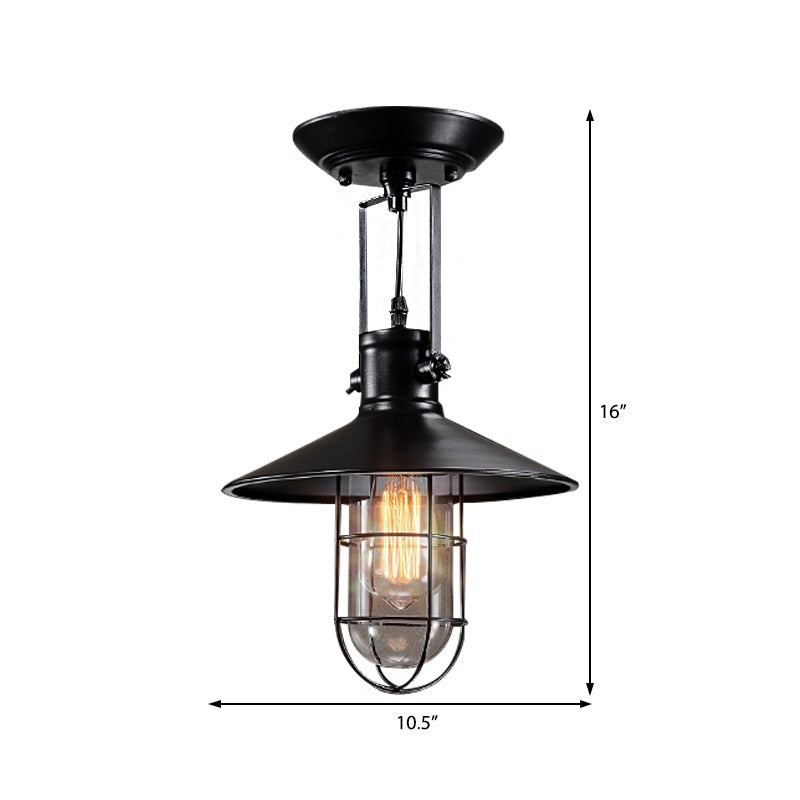 Industrial Cone Metal Ceiling Light In Black With Cage - Semi Flush Mount Single Bulb For Living