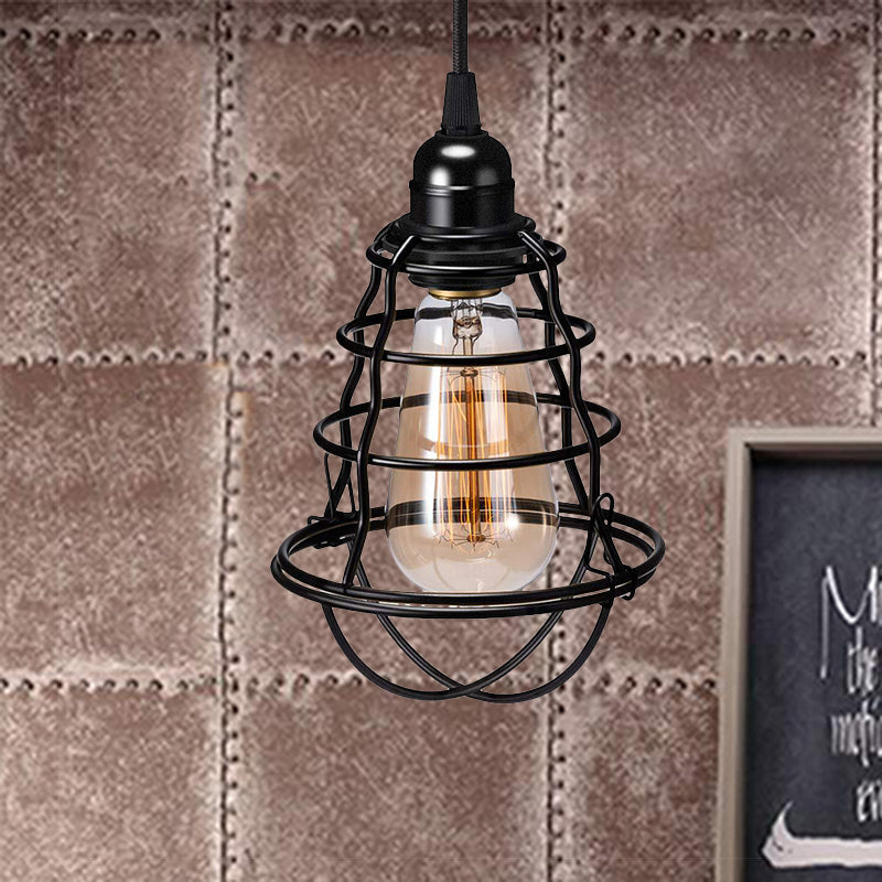 Industrial Black Metal Pendant Light with Cage for Coffee Shop