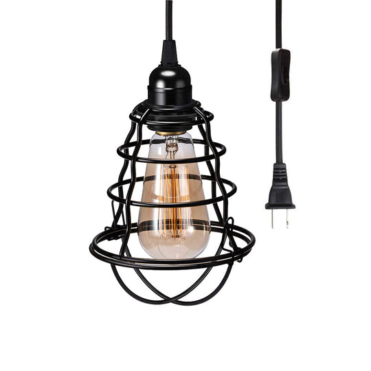 Industrial Black Metal Pendant Light with Cage for Coffee Shop