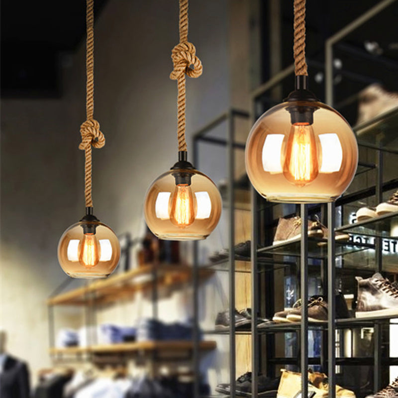 Industrial 1-Light Wide Globe Pendant Lighting - Clear/Amber Glass Hanging Lamp