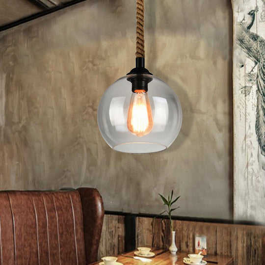 Industrial 1-Light Wide Globe Pendant Lighting - Clear/Amber Glass Hanging Lamp