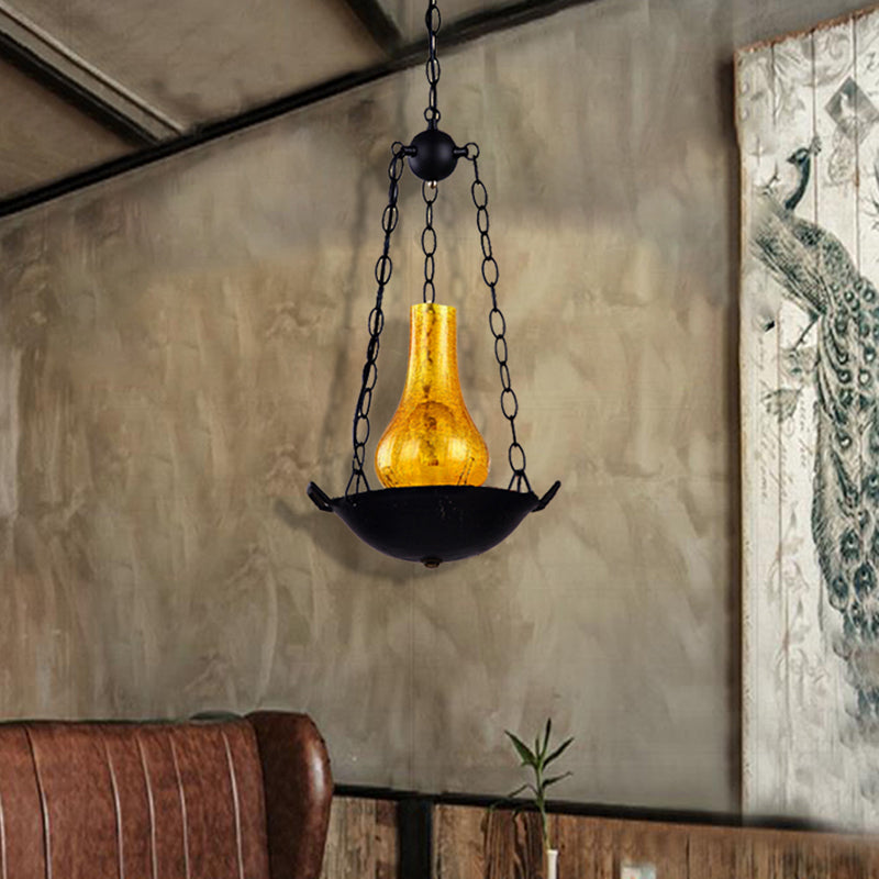 Crackle Glass Vintage Pendant Light With Black/Brown Finish