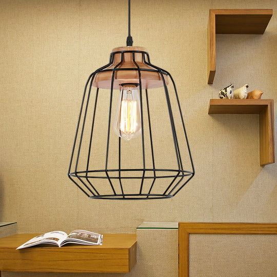 Vintage Black Hanging Pendant Light With Metal Cage Shade For Bedroom - Retro Style Lamp / Barrel