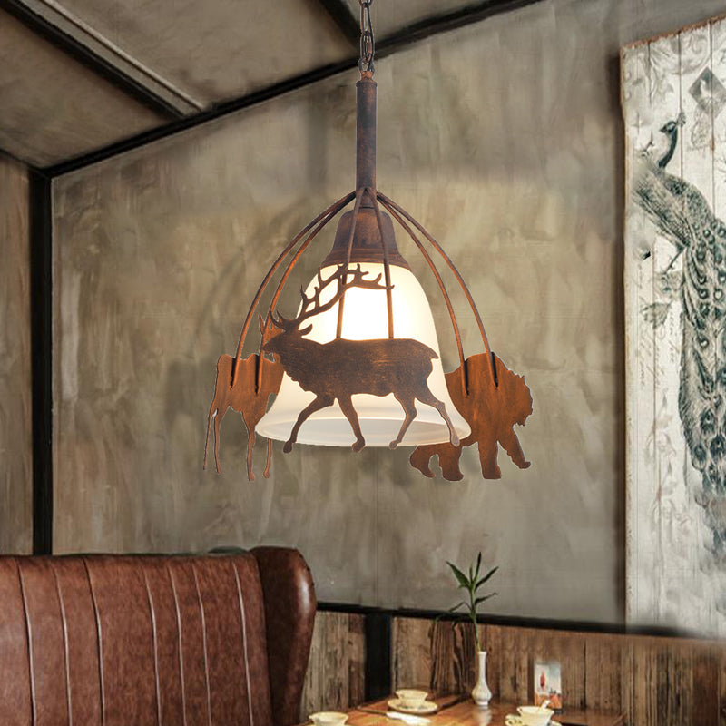 Vintage Rust Pendant Light With Opal Glass Shade And Elk Cage - 1-Light Ceiling Hanging Lamp