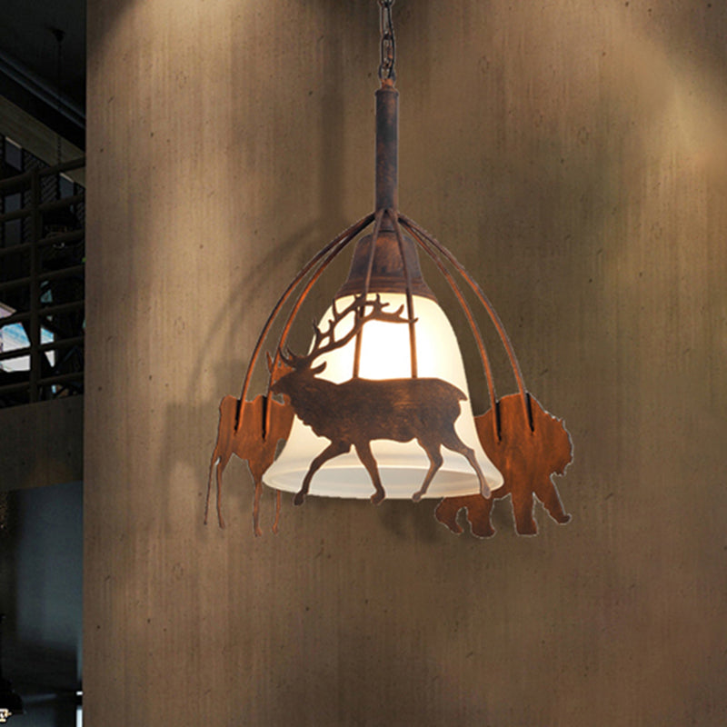 Vintage Rust Opal Glass Pendant Light with Elk Cage - 1 Light Bell Shade Ceiling Lamp