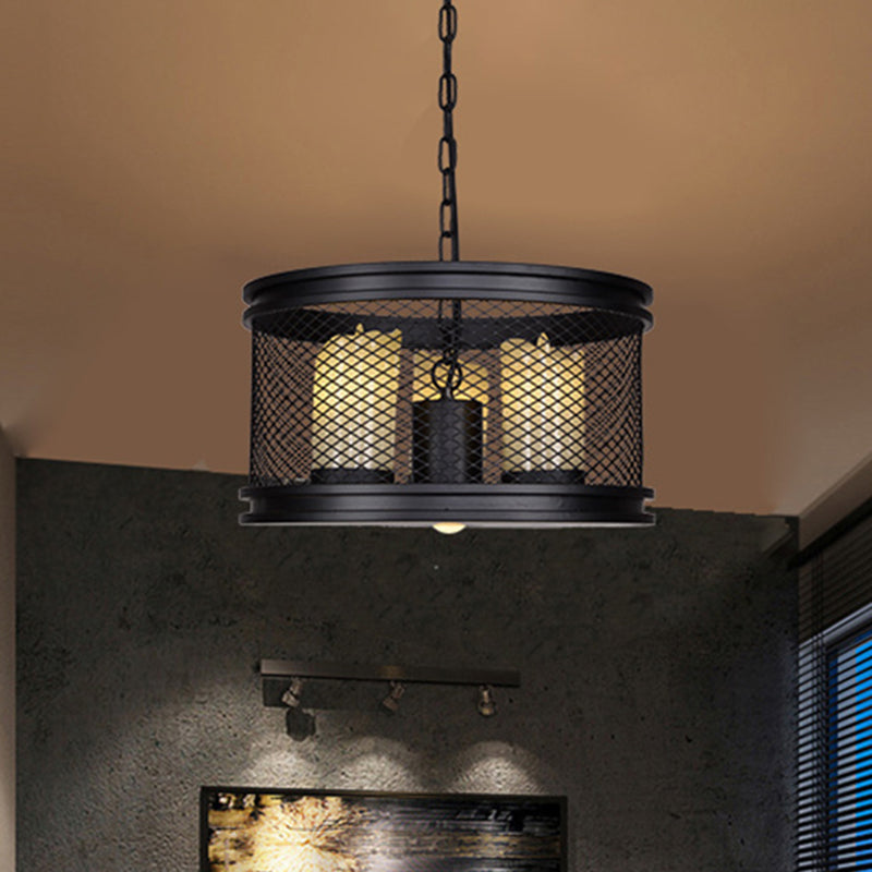 Marina - Industrial Black Drum Shade Chandelier Metal And Resin 3-Light Living Room Pendant Lighting